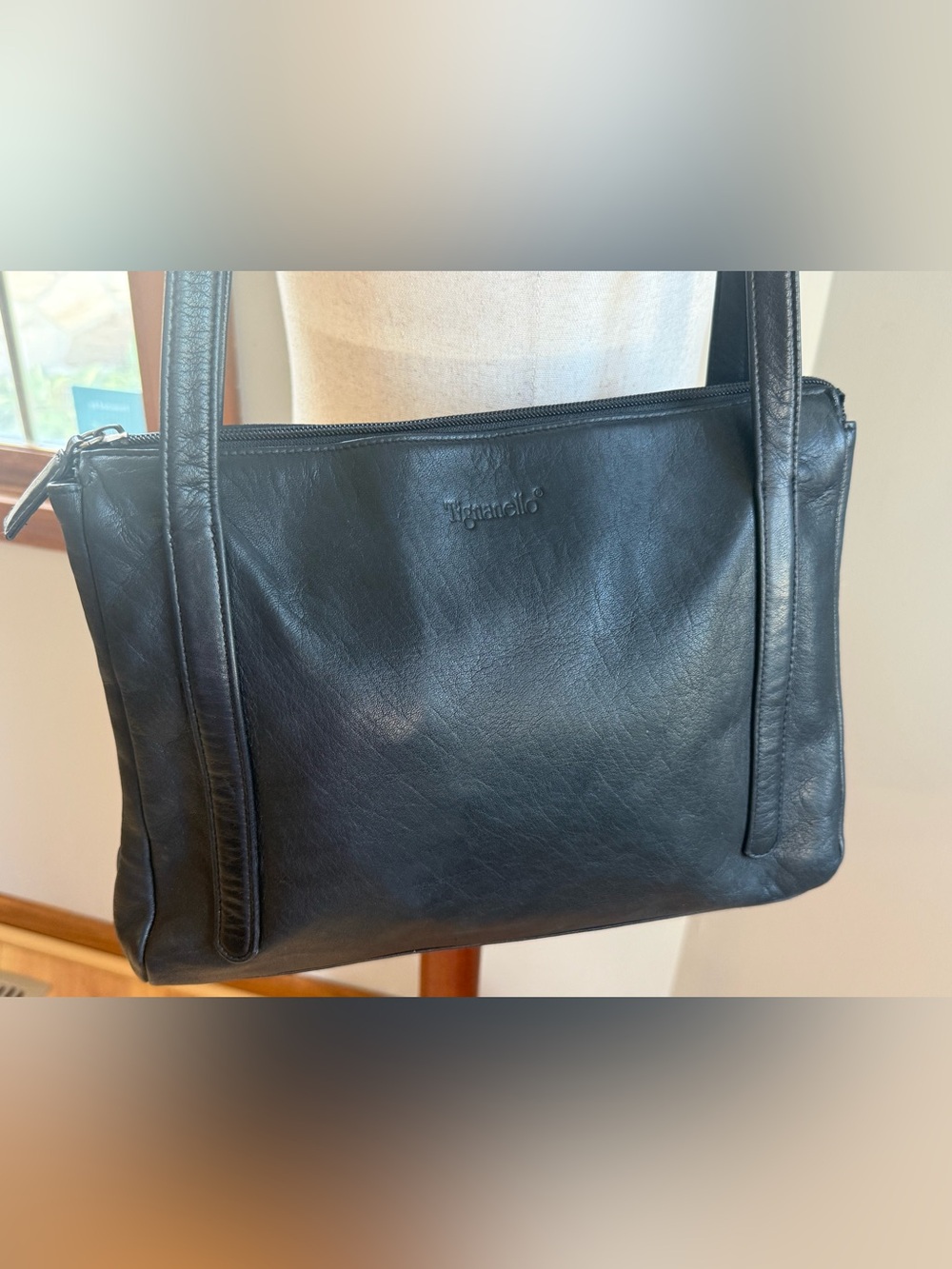 Tignanello Black Genuine Leather Shoulder Bag Zip Top Purse